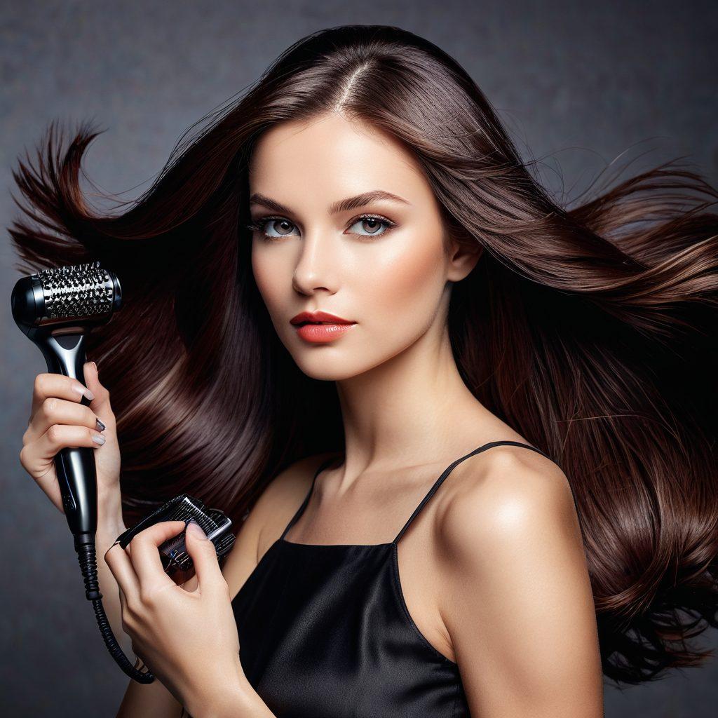 A striking close-up of a woman with luxurious, flowing hair that radiates vitality and health. Surround her with an assortment of grooming tools like a hairbrush, hairdryer, and various hair products, perfectly arranged. In the background, stylistic icons representing advanced hair services like coloring, cutting, and styling provide a sophisticated touch. Modern, chic salon environment. super-realistic. vibrant colors.