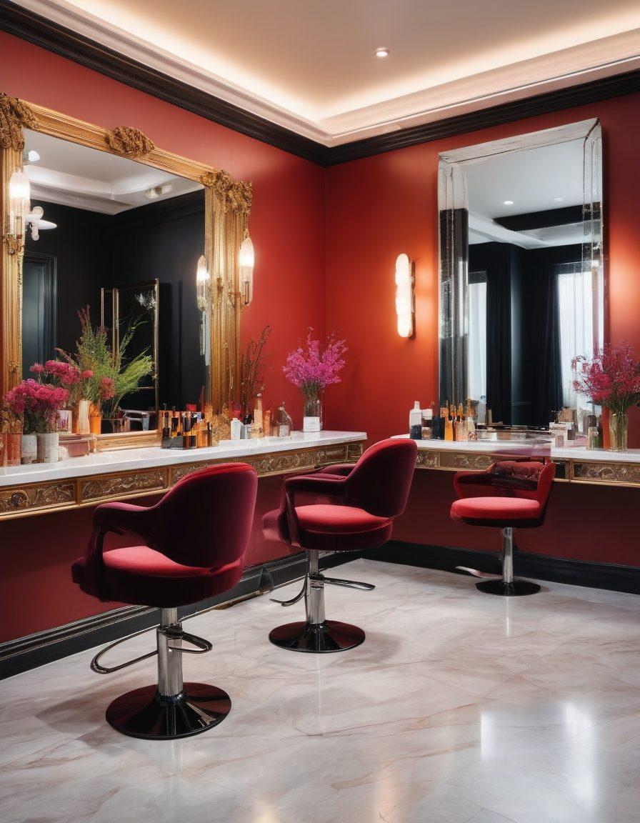 A vibrant scene featuring a diverse group of people with stunning, well-styled hair; each showcasing unique hairstyles and colors. Include haircare tools like brushes, combs, and serums around them, adding a luxurious feel to the image. The background should be a chic salon with mirrors and stylish decor. Super-realistic, vibrant colors, elegant ambiance.