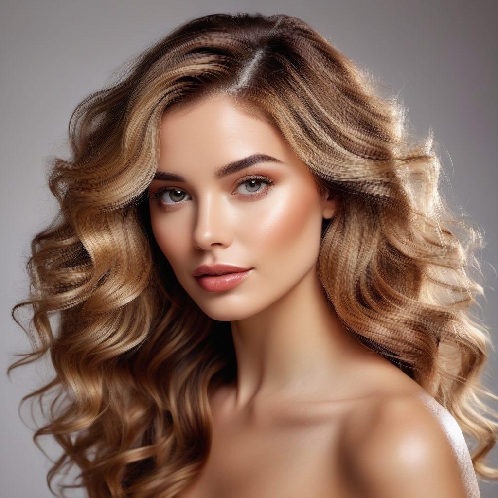 A stunning close-up of a glamorous woman with luxurious, voluminous hair cascading around her face, styled in loose waves. The background features an array of high-end hair styling products like serums, brushes, and sprays artfully arranged. The lighting highlights the shine and health of her hair. Super-realistic. Vibrant colors. White background.